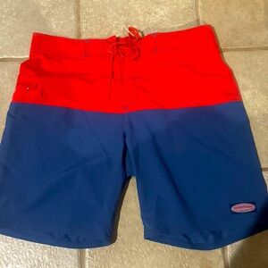 Vineyard Vines on the go color block two toned board shorts. Red/blue 34 waist